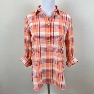 J. Crew XS Plaid Popover Tunic Shirt Orange Blue Cotton High-Low Hem Long Sleeve